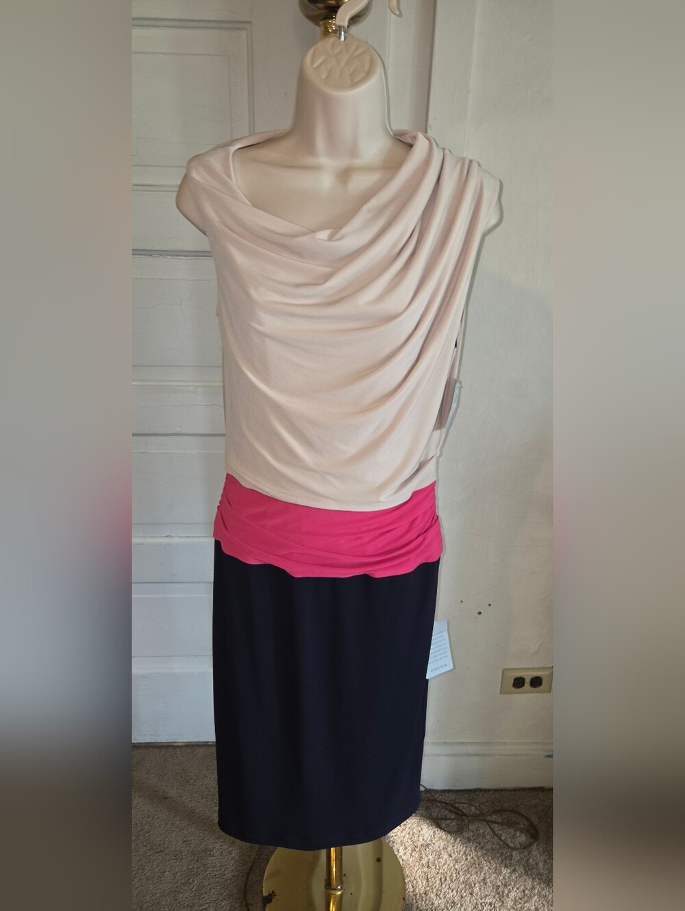 Suzi Chin for Maggy Boutique Cream, Pink and Black Draped Mini Dress - Picture 3 of 11